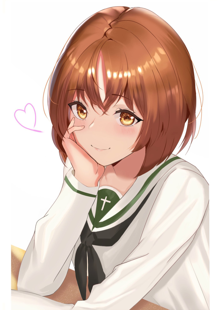 1girl, blush, brown_eyes, brown_hair, girls_und_panzer, head_rest, heart, highres