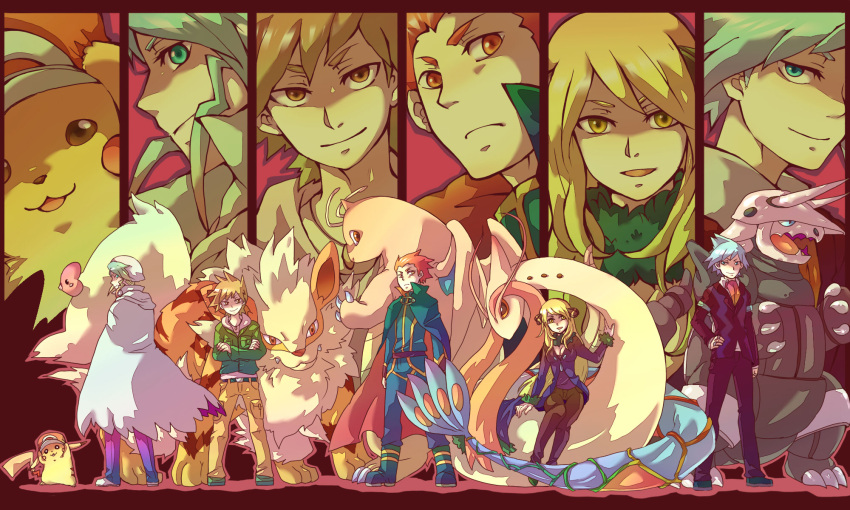 aggron, alternate_costume, aqua_hair, arcanine, baseball_cap, blonde_hair, blue_eyes, boots