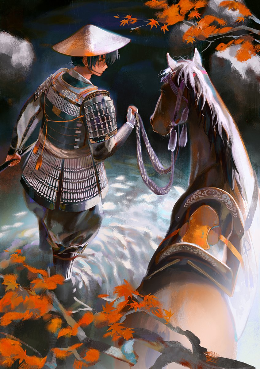 1boy, armor, black_hair, black_pants, branch, closed_mouth, commentary_request, hat, highres, holding, holding_sword, holding_weapon, horse, japanese_armor, looking_at_viewer, looking_back, male_focus, mcmeao, original, outdoors, pants, profile, rice_hat, river, saddle, samurai, short_hair, solo, sword, wading, weapon