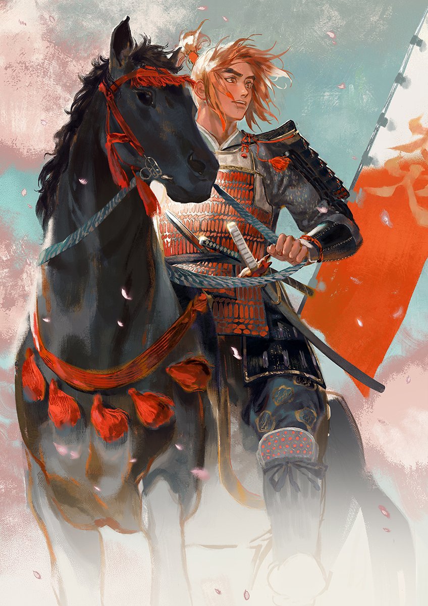 1boy, armor, blue_sky, commentary_request, dust_cloud, falling_petals, feet_out_of_frame, flag, highres, horse, horseback_riding, japanese_armor, katana, male_focus, mcmeao, orange_hair, original, outdoors, parted_lips, petals, riding, samurai, shoulder_armor, sky, solo, sword, thick_eyebrows, topknot, vambraces, weapon