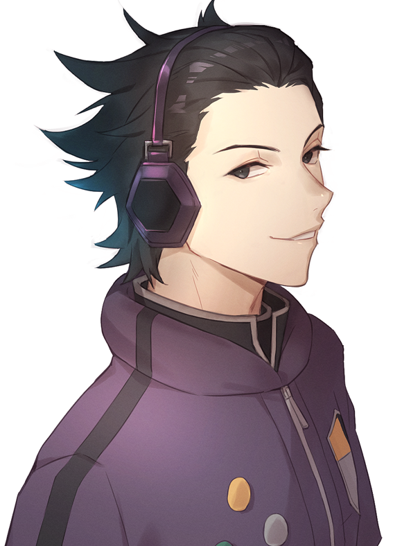 1boy, berry_o_t, black_eyes, black_hair, black_jacket, hair_slicked_back, headphones, jacket