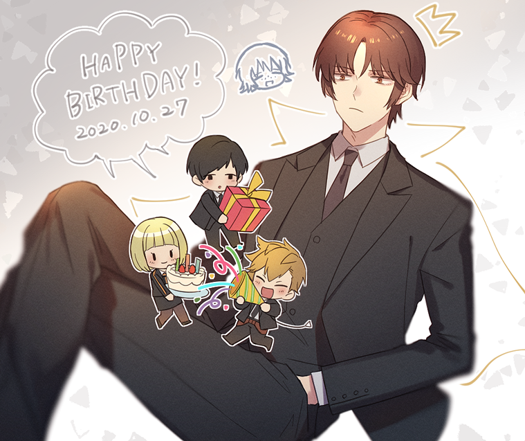 2girls, 3boys, bangs, berry_o_t, black_jacket, black_neckwear, black_pants, black_suit