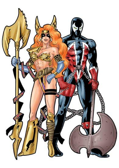 abs, angela_(spawn), axe, belt, bikini, bikini_armor, blank_eyes, boots, c_zero, chains, earrings, female, gauntlets, loincloth, long_hair, male, midriff, orange_hair, polearm, shoulder_pads, spawn, spawn_(character), staff, tiara