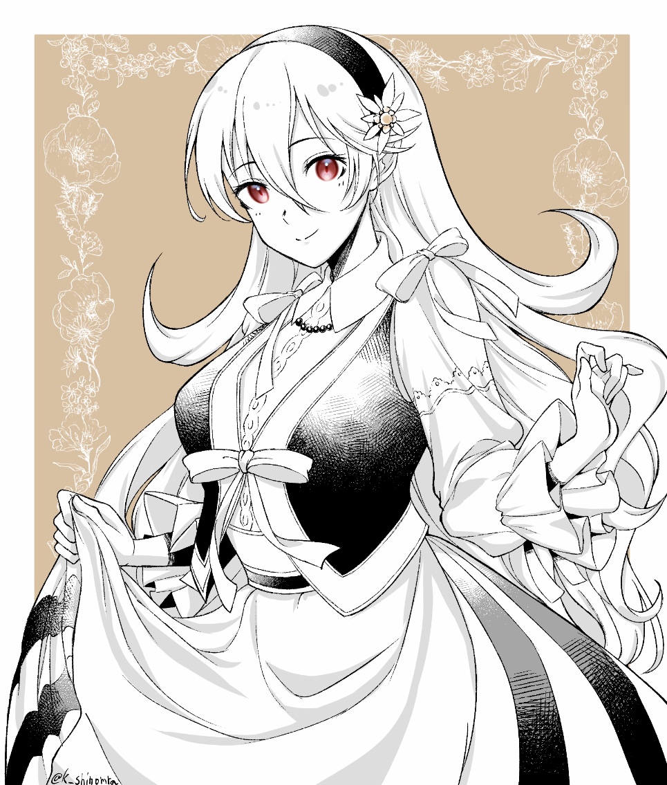 1girl, alternate_costume, apron, apron_lift, bangs, black_hairband, border, brown_background