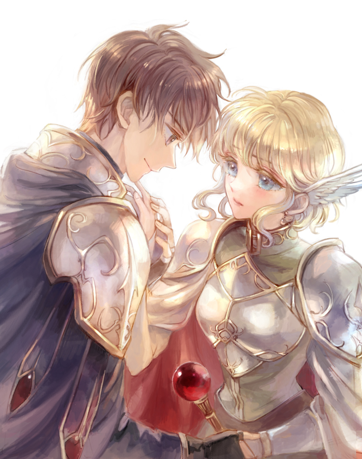 1boy, 1girl, armor, blonde_hair, blue_eyes, breastplate, brown_eyes, brown_hair