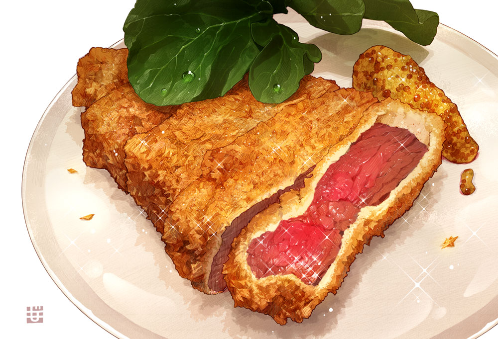 artist_logo, beef, commentary_request, food, food_focus, herb_request, katsu_(food), lettuce
