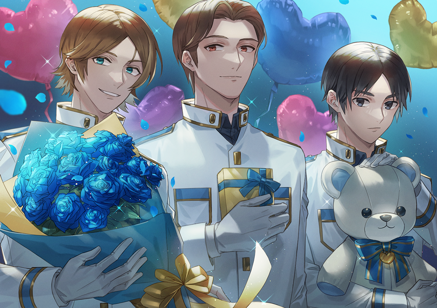 3boys, balloon, berry_o_t, black_eyes, black_hair, blue_background, blue_eyes, blue_flower