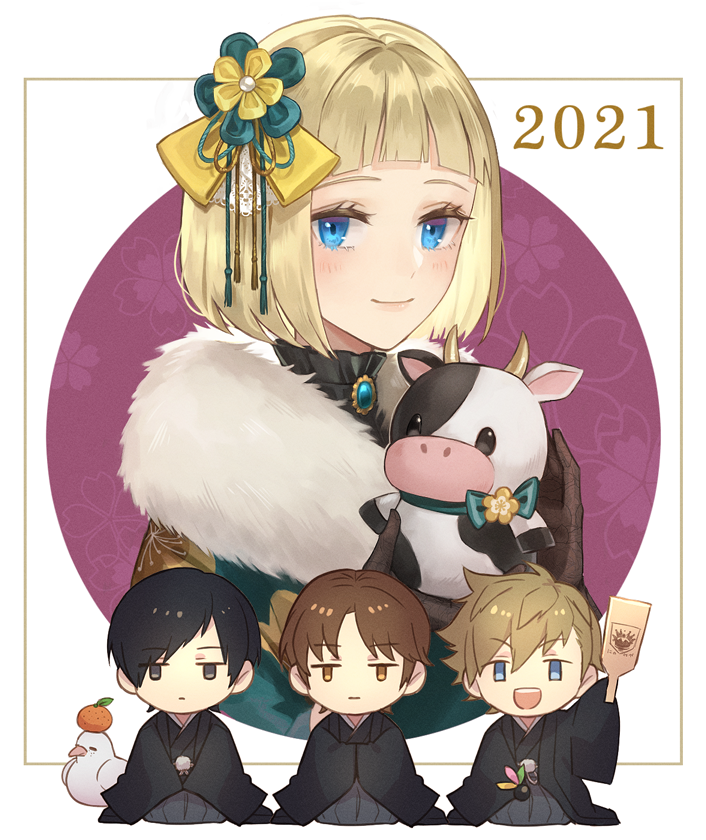 1girl, 2021, 3boys, berry_o_t, black_gloves, black_hair, black_kimono, blonde_hair
