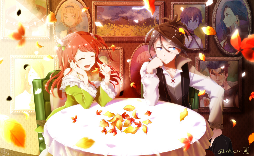 :d, ^_^, autumn_leaves, bare_shoulders, blue_eyes, bordeaux_(re:zero), brown_hair, carol_(re:zero)