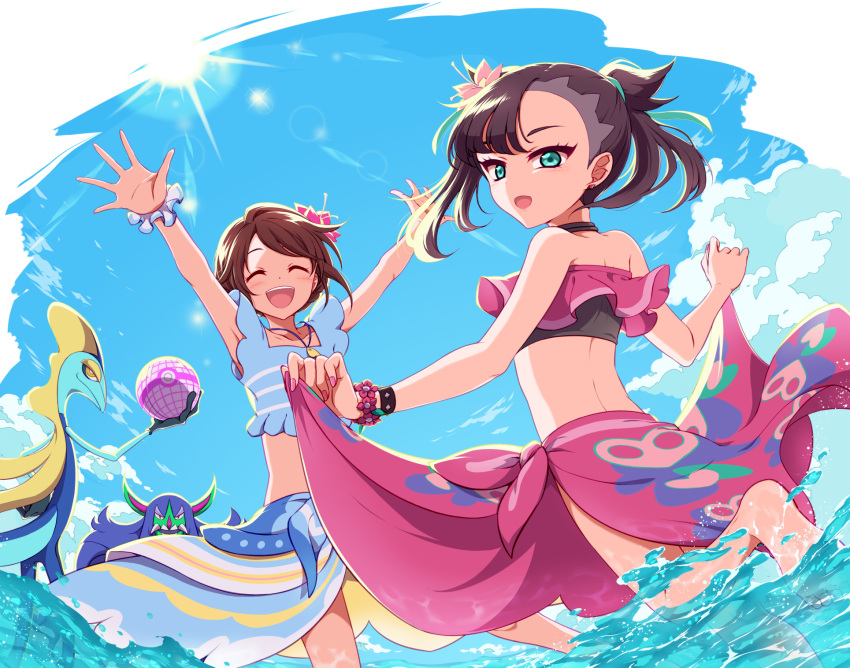 2girls, ^_^, ^o^, arms_up, asymmetrical_bangs, bangs, barefoot, beach