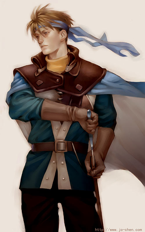 armor, belt, brown_hair, cape, flik, gloves, headband, jo_chen