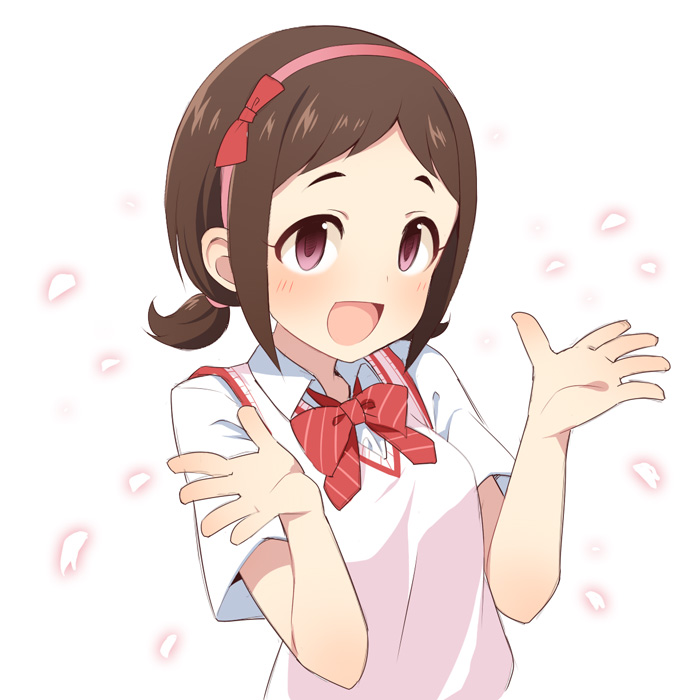 1girl, bow, bow_hairband, bowtie, brown_hair, hair_bow, hairband, idolmaster, idolmaster_cinderella_girls, idolmaster_cinderella_girls_starlight_stage, low_twintails, muramatsu_sakura, open_mouth, school_uniform, sweater_vest, twintails, uccow