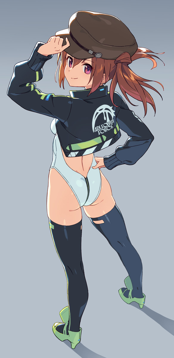 1girl, alice_gear_aegis, ass, beret, black_jacket, black_legwear, booth_babe, brown_hair