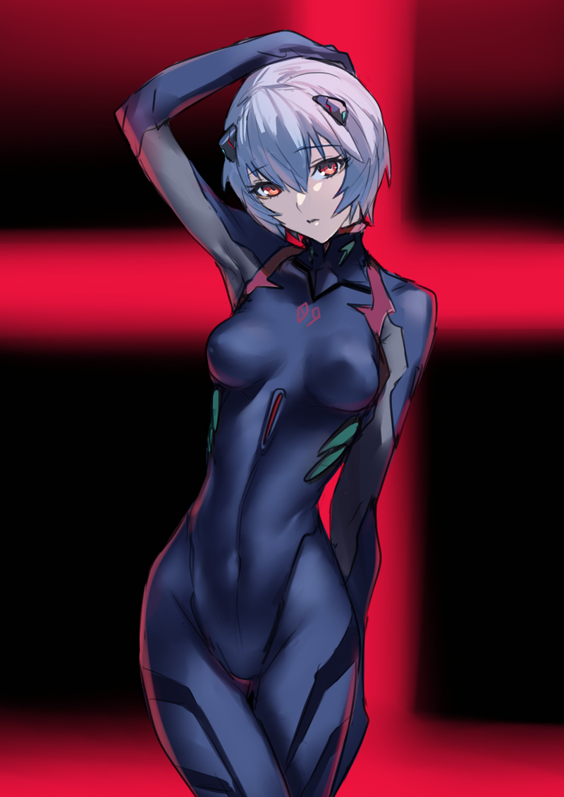 1girl, arm_up, armpits, ayanami_rei, ban!_(bansankan), black_suit, covered_navel, covered_nipples