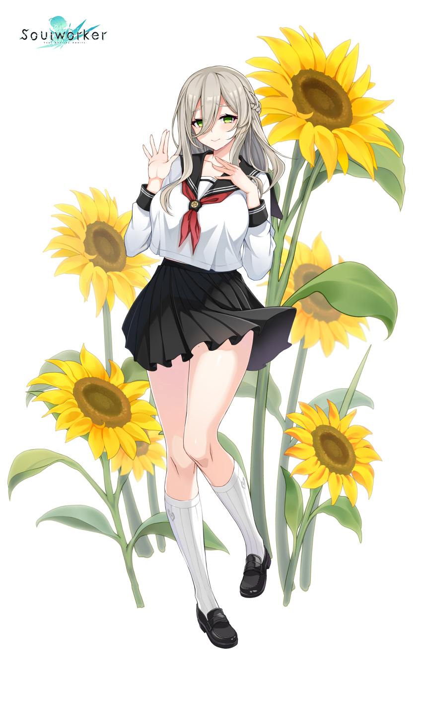 1girl, absurdres, black_footwear, black_legwear, black_skirt, braid, breasts, collarbone