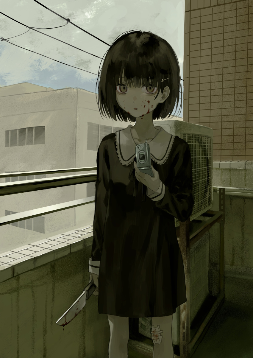 1girl, absurdres, air_conditioner, bags_under_eyes, balcony, bandage_on_knee, bangs, black_dress