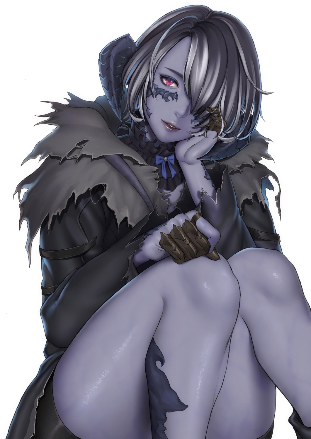 1girl, au_ra, avatar_(ffxiv), bare_legs, black_hair, black_horns, bow, bowtie