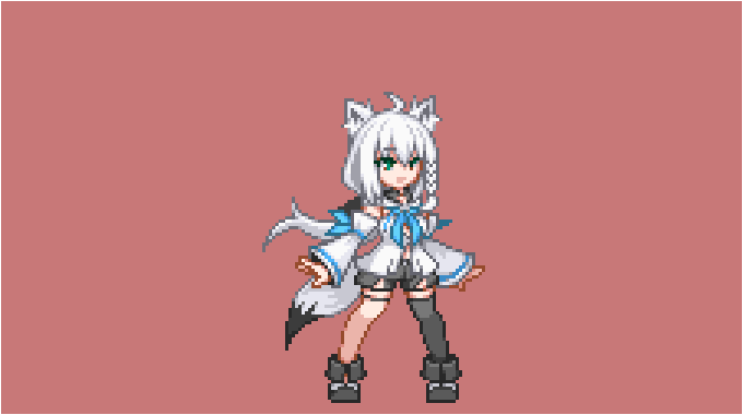 1girl, ahoge, animal_ear_fluff, animal_ears, bangs, black_bow, black_footwear, black_legwear, black_shorts, blue_neckerchief, boots, bow, braid, commentary_request, detached_sleeves, eyebrows_visible_through_hair, fox_ears, fox_girl, fox_tail, green_eyes, hair_between_eyes, hair_bow, hololive, hood, hoodie, long_hair, neckerchief, open_mouth, outstretched_arms, pixel_art, red_background, shirakami_fubuki, short_shorts, shorts, sidelocks, simple_background, single_braid, single_thighhigh, solo, spread_arms, tail, thigh-highs, thigh_strap, virtual_youtuber, white_hair, white_hoodie, you_ornithopter