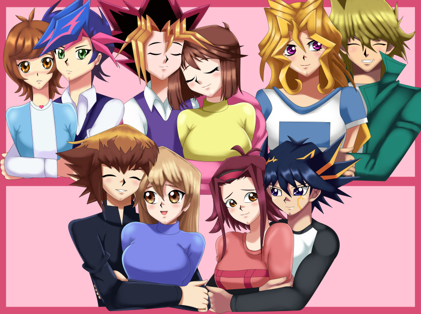 5boys, 5girls, blonde_hair, blush, brown_eyes, brown_hair, closed_eyes, couple