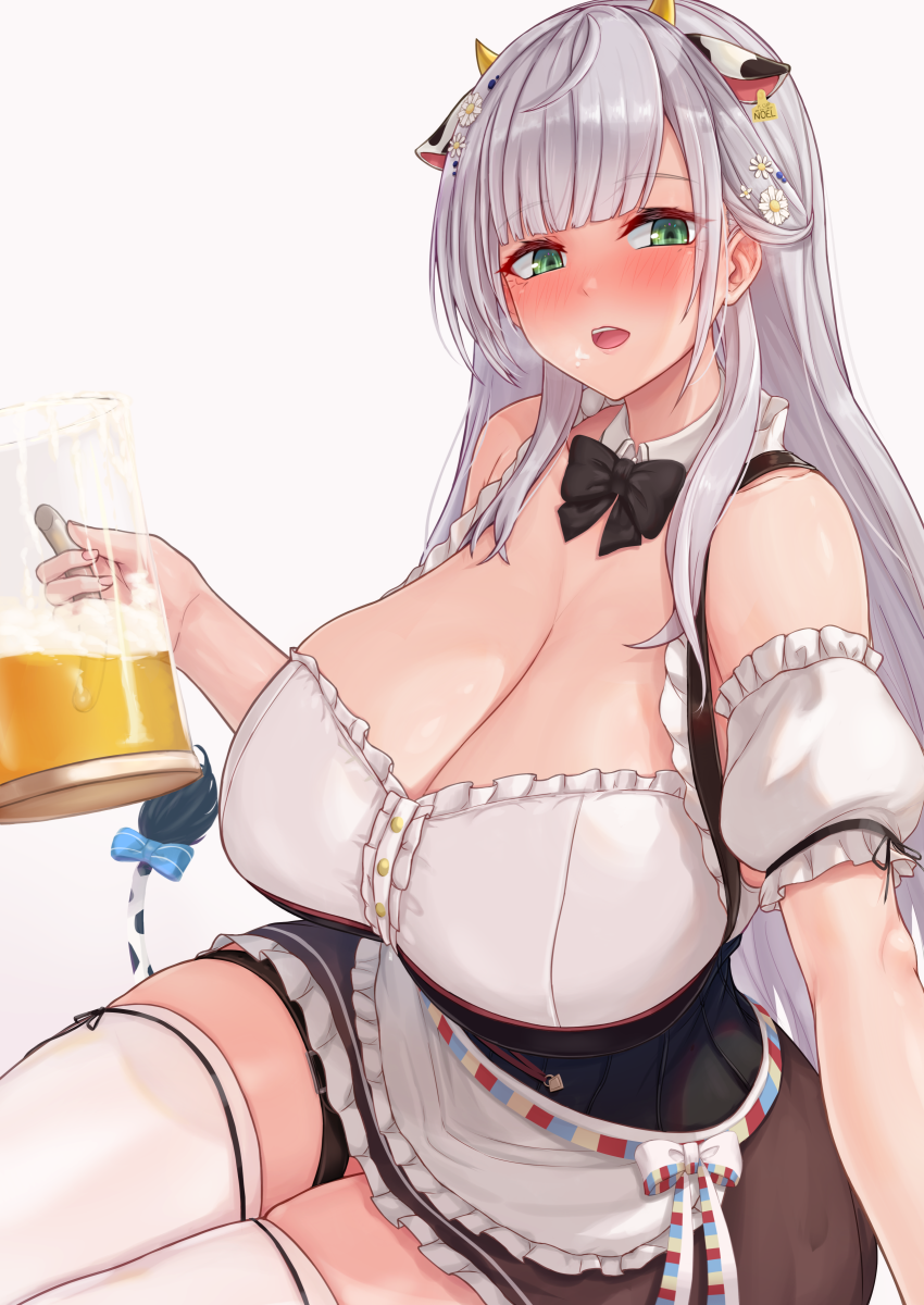 1girl, bangs, beer_mug, black_neckwear, blunt_bangs, bow, bowtie, breasts