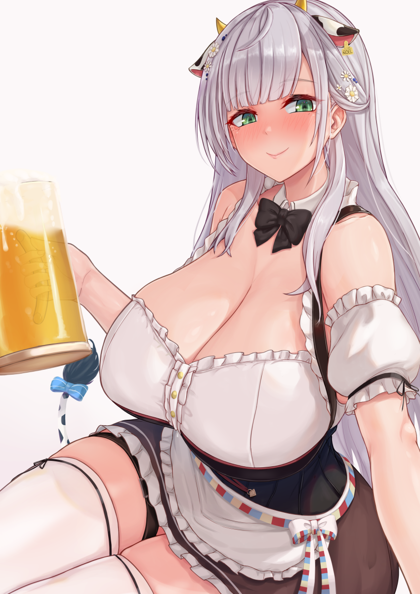 1girl, bangs, beer_mug, black_neckwear, blunt_bangs, bow, bowtie, breasts