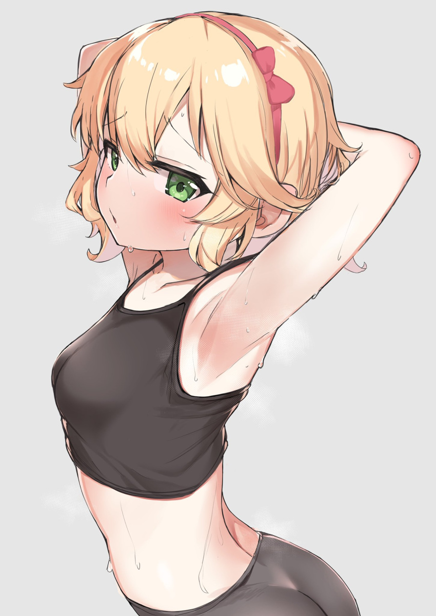 1girl, armpits, arms_behind_head, arms_up, blonde_hair, blush, breasts, deko_isu