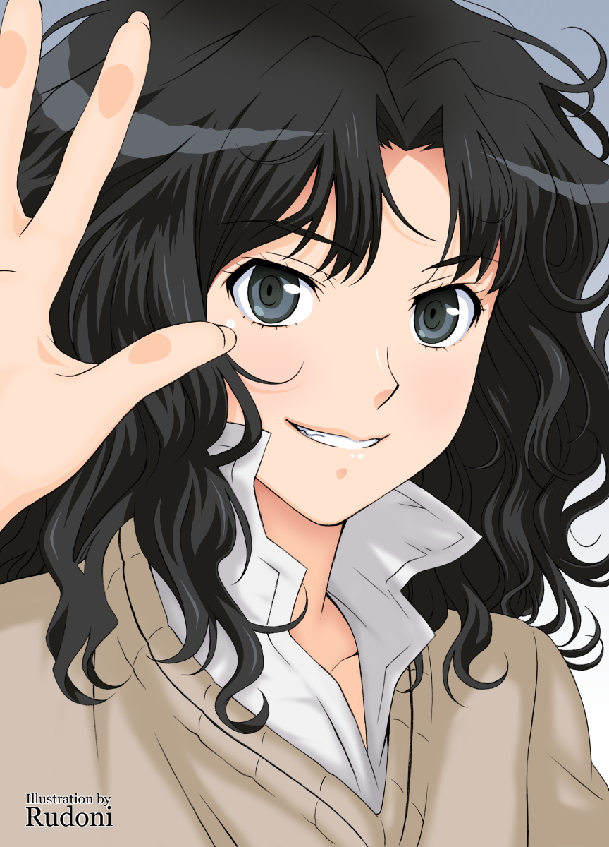 1girl, amagami, artist_name, black_hair, bruise, bruised_eye, collarbone, gradient