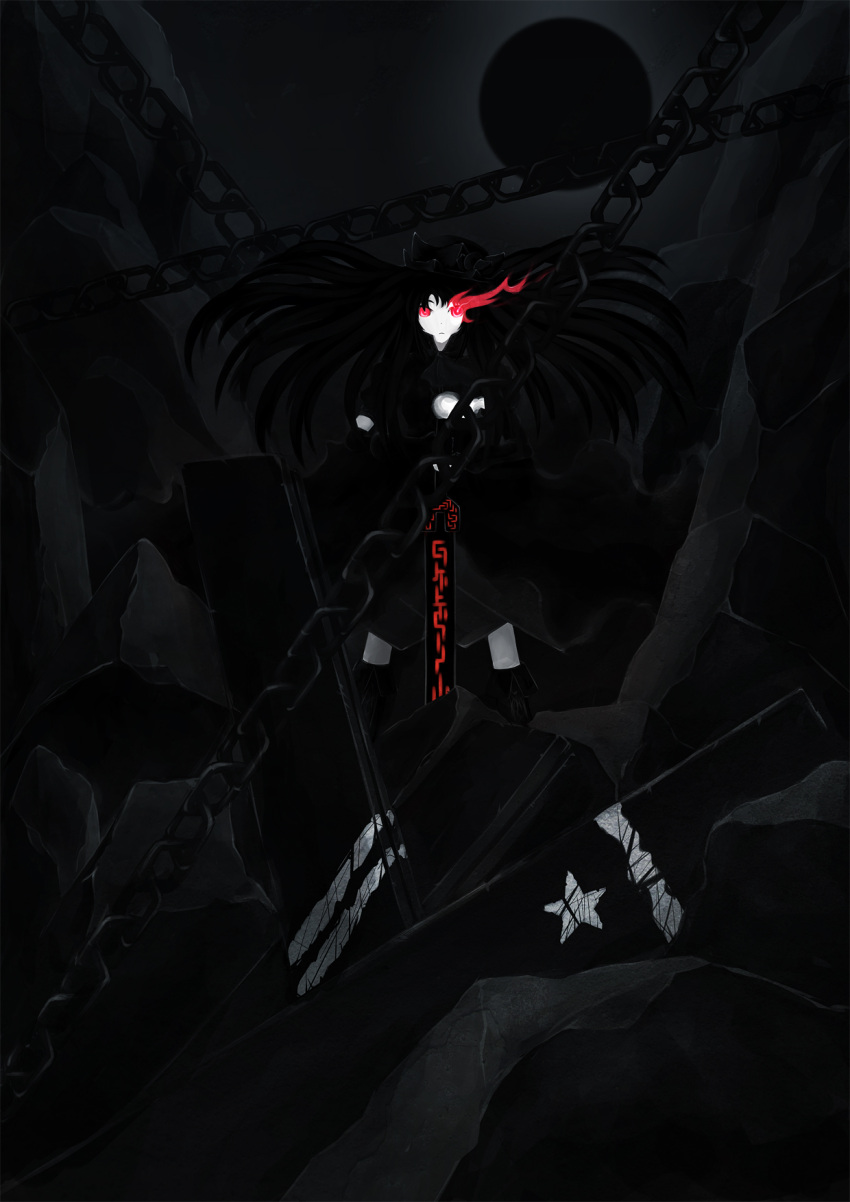 black_rock_shooter, boots, chain, chains, dress, eclipse, elbow_gloves, gloves