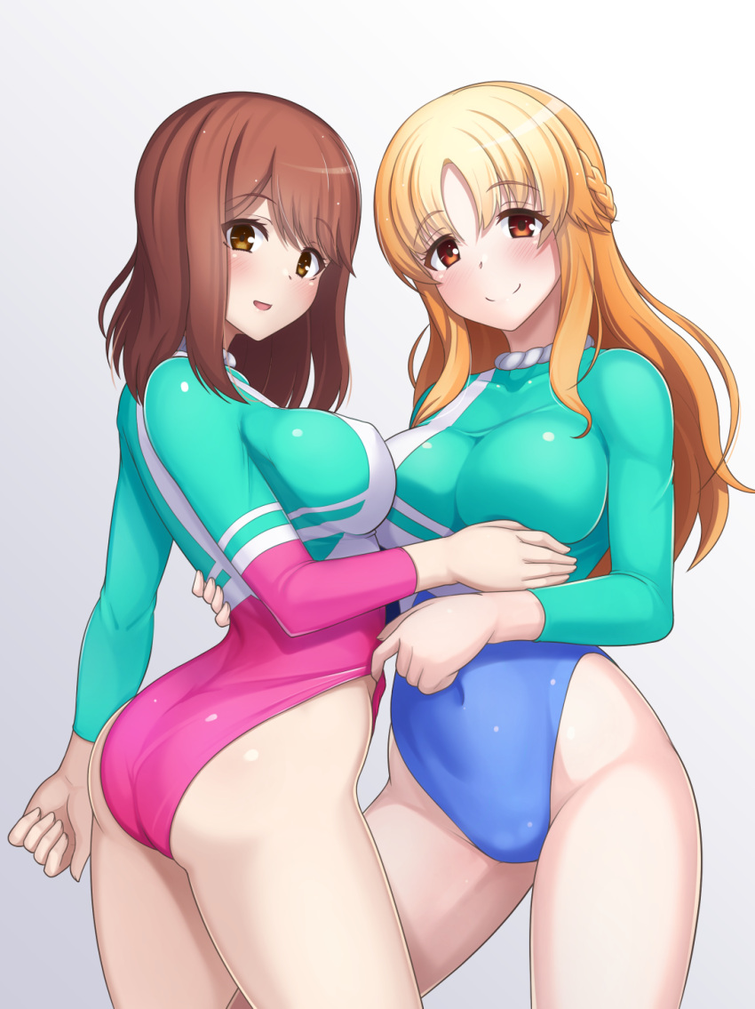 2girls, alfort_(may0508), ass, blonde_hair, blush, breasts, brown_eyes, brown_hair