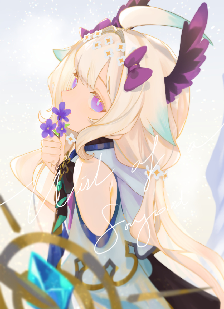1girl, bangs, blonde_hair, bow, clothing_cutout, enna_alouette, flat_chest, from_side