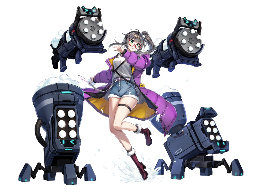 1girl, absurdres, alpha_transparency, alternate_costume, belt, belt_buckle, buckle, cellphone, counter_side, earmuffs, eyebrows_visible_through_hair, full_body, glasses, green_eyes, highres, kim_sobin, long_sleeves, machine, official_alternate_costume, official_art, open_mouth, phone, pocket, red-framed_eyewear, shorts, smartphone, snow, transparent_background