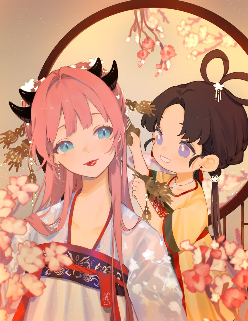 2girls, atelier_live, blue_eyes, branch, bright_pupils, brown_hair, chinese_clothes, dragon_girl