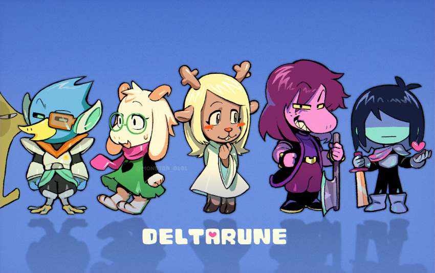2boys, 2girls, 2others, axe, belt, berdly_(dark_world)_(deltarune), berdly_(deltarune), bird