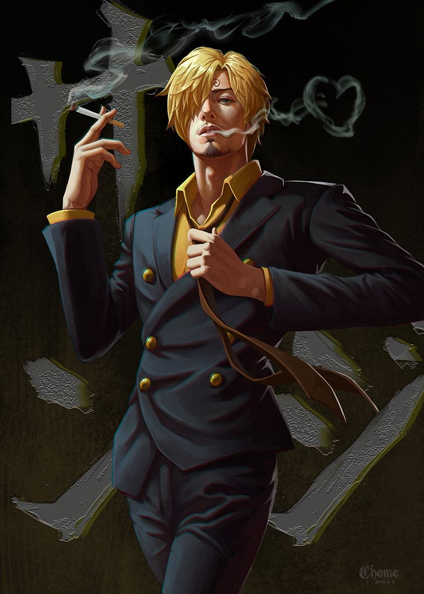 1boy, adjusting_clothes, adjusting_necktie, bangs, black_jacket, blonde_hair, c_home, cigarette