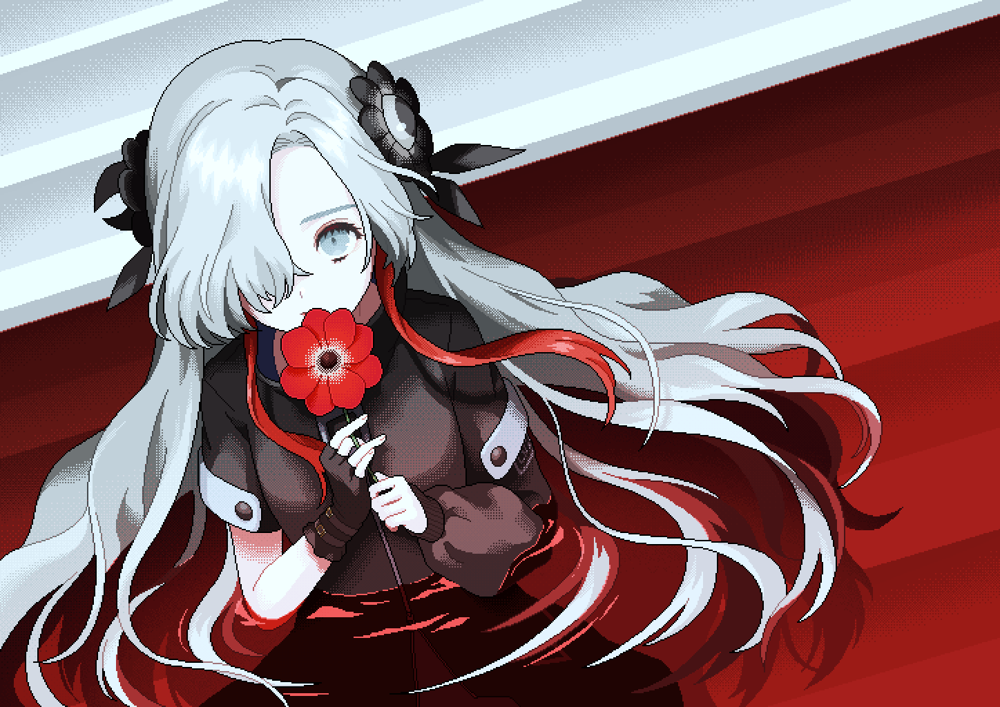 1girl, asymmetrical_sleeves, black_coat, coat, fingerless_gloves, flower, gloves, grey_eyes