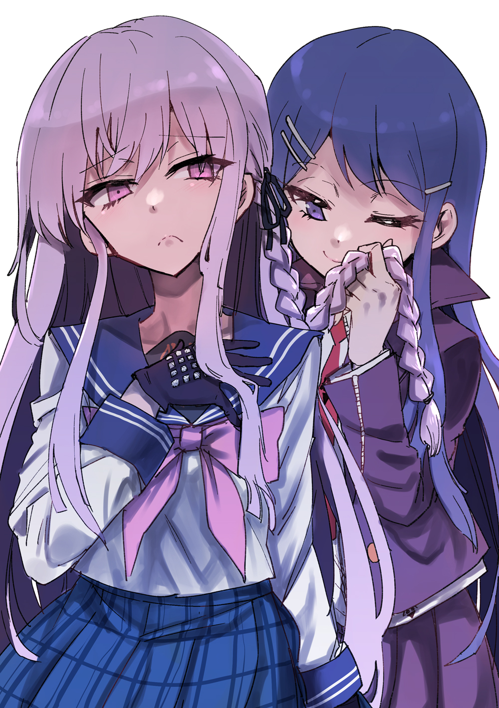 2girls, bangs, black_gloves, black_ribbon, blue_eyes, blue_sailor_collar, blue_skirt, bow