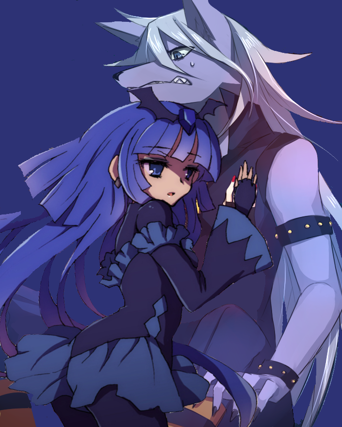 1boy, 1girl, animal_ears, armband, bad_end_beauty, bad_end_precure, blue_background, blue_eyes
