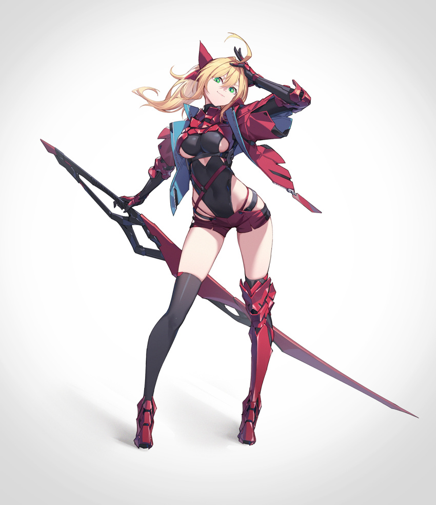 1girl, ahoge, arm_up, armored_boots, bangs, black_legwear, blonde_hair, boots