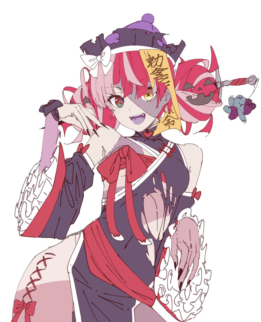 1girl, absurdres, bare_shoulders, black_dress, black_nails, black_sleeves, bow, breasts
