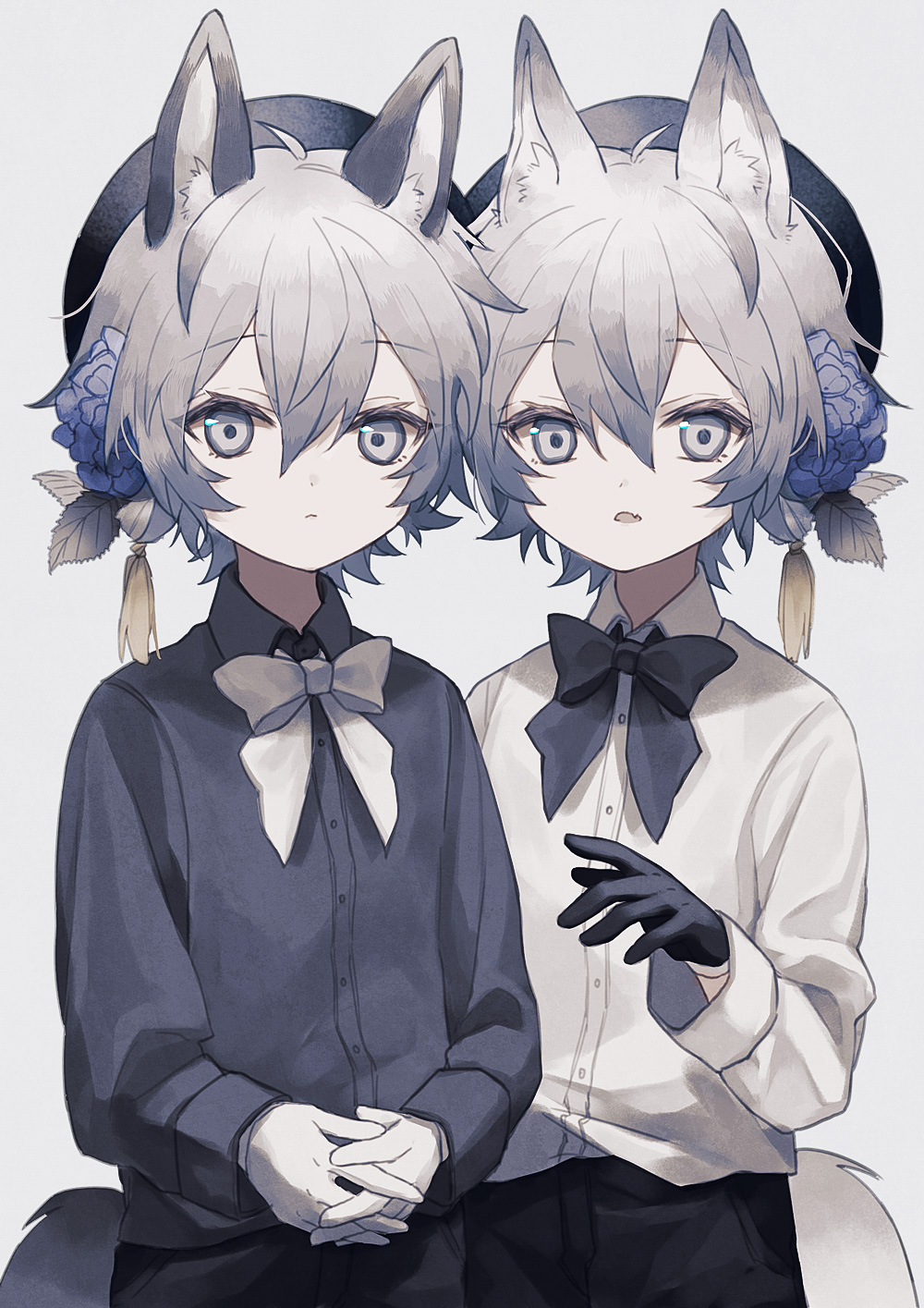 2boys, animal_ears, black_bow, black_gloves, black_skirt, black_suit, bow, crossed_arms