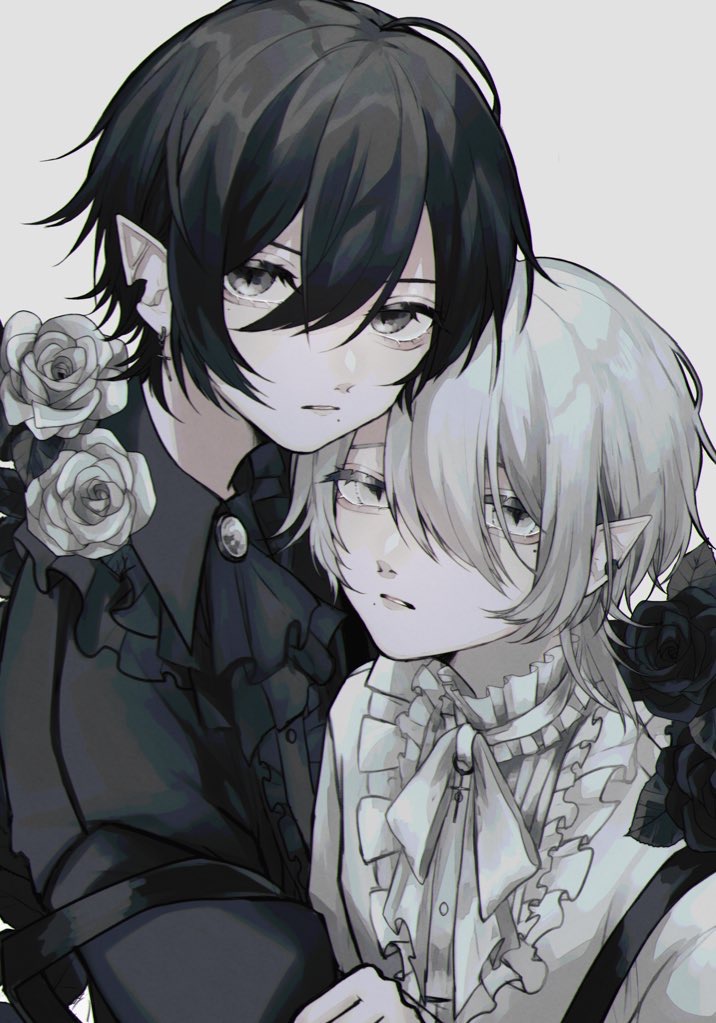 1boy, 2boys, 402_(o0_xxx), black_hair, black_skirt, black_theme, crazy, flower, frilled_skirt, frills, grey_eyes, hair_between_eyes, haku_(naruto), kodona, kuro_(kuro), kuro_(magia_record), kuro_(manga), male_focus, multiple_boys, pointy_ears, rose, shiro_(tenkiame), shirt, skirt, upper_body, vampire, white_flower, white_hair, white_rose, white_shirt, white_theme