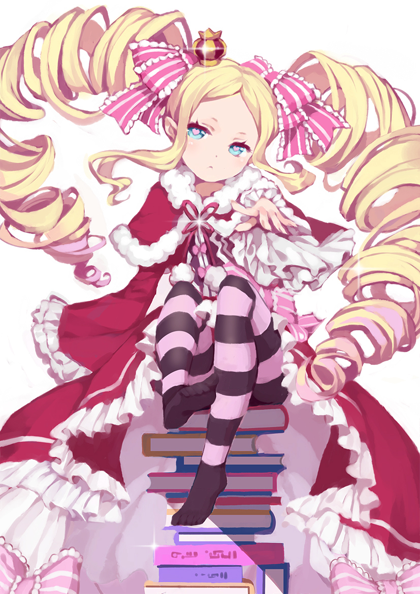 1girl, beatrice_(re:zero), blonde_hair, blue_eyes, book, book_stack, capelet, crown, dress, drill_hair, frilled_dress, frilled_sleeves, frills, fur-trimmed_capelet, fur_trim, hair_ornament, hair_ribbon, hand_up, mini_crown, multicolored, multicolored_eyes, pantyhose, re:zero_kara_hajimeru_isekai_seikatsu, ribbon, sitting_on_books, solo, twin_drills, zjsstc