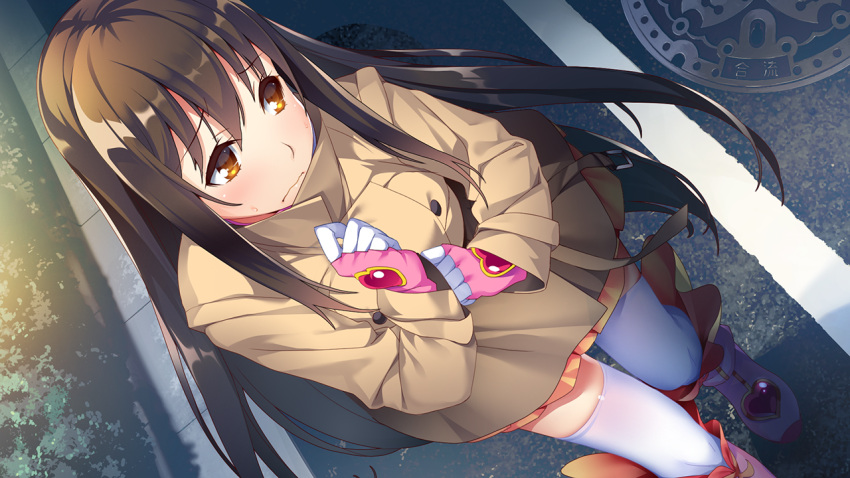 1girl, bangs, boots, brown_coat, brown_eyes, brown_hair, closed_mouth, coat
