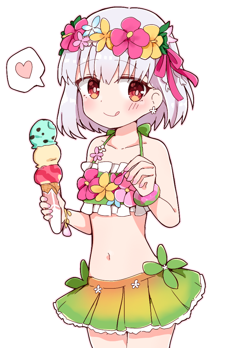 1girl, :q, bare_arms, bare_shoulders, bikini, bikini_skirt, blush, bracelet