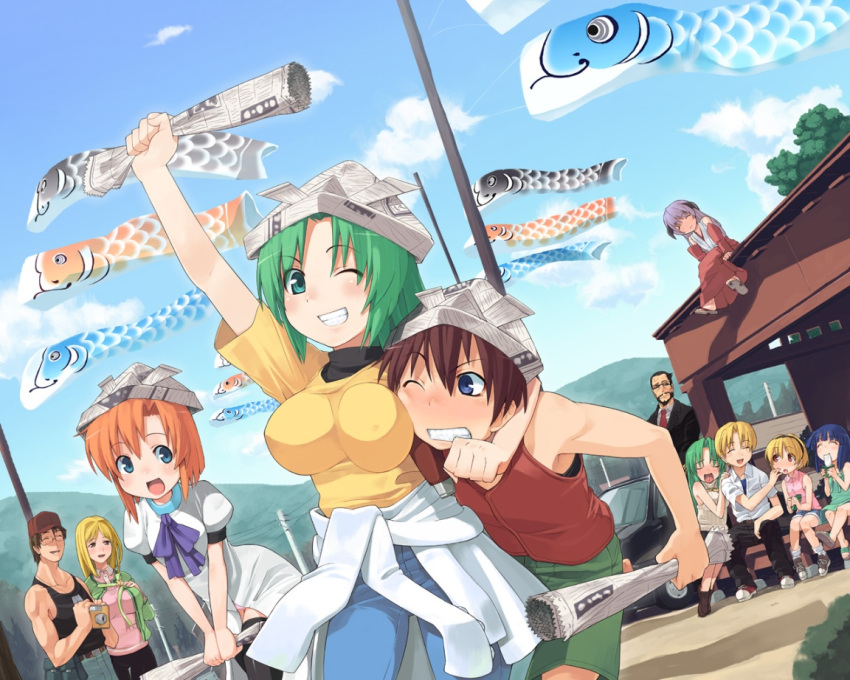 group, hanyuu, higurashi_no_naku_koro_ni, houjou_satoko, houjou_satoshi, kasai_tatsuyoshi, koinobori, maebara_keiichi, ryuuguu_rena, siblings, sonozaki_mion, sonozaki_shion, takano_miyo, tatsuyoshi_kasai, tomitake_jiro, tomitake_jirou, twins