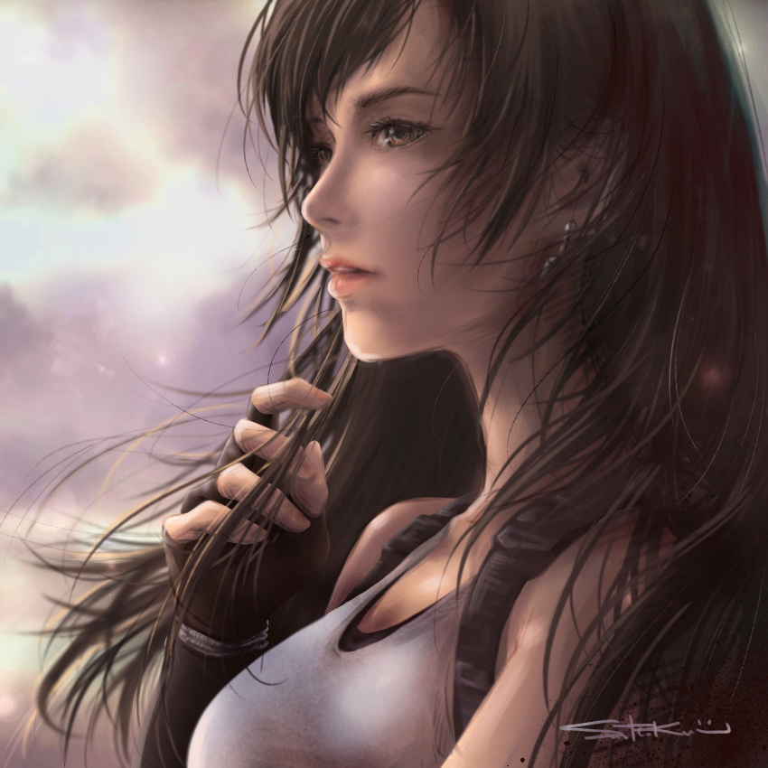 1girl, black_gloves, brown_eyes, brown_hair, clouds, cloudy_sky, earrings, final_fantasy, final_fantasy_vii, fingerless_gloves, from_side, gloves, hand_in_hair, highres, holding, holding_hair, jewelry, kirin_13, long_hair, open_mouth, shirt, signature, sky, sleeveless, sleeveless_shirt, solo, straight_hair, tifa_lockhart, upper_body, white_shirt