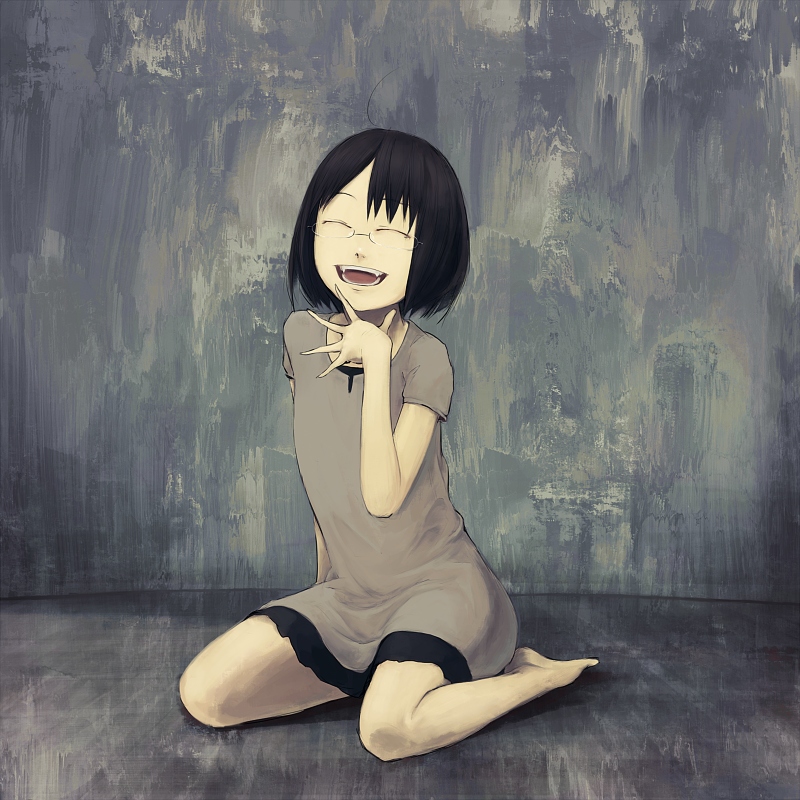 barefoot, black_hair, child, closed_eyes, dress, glasses, laughing, original