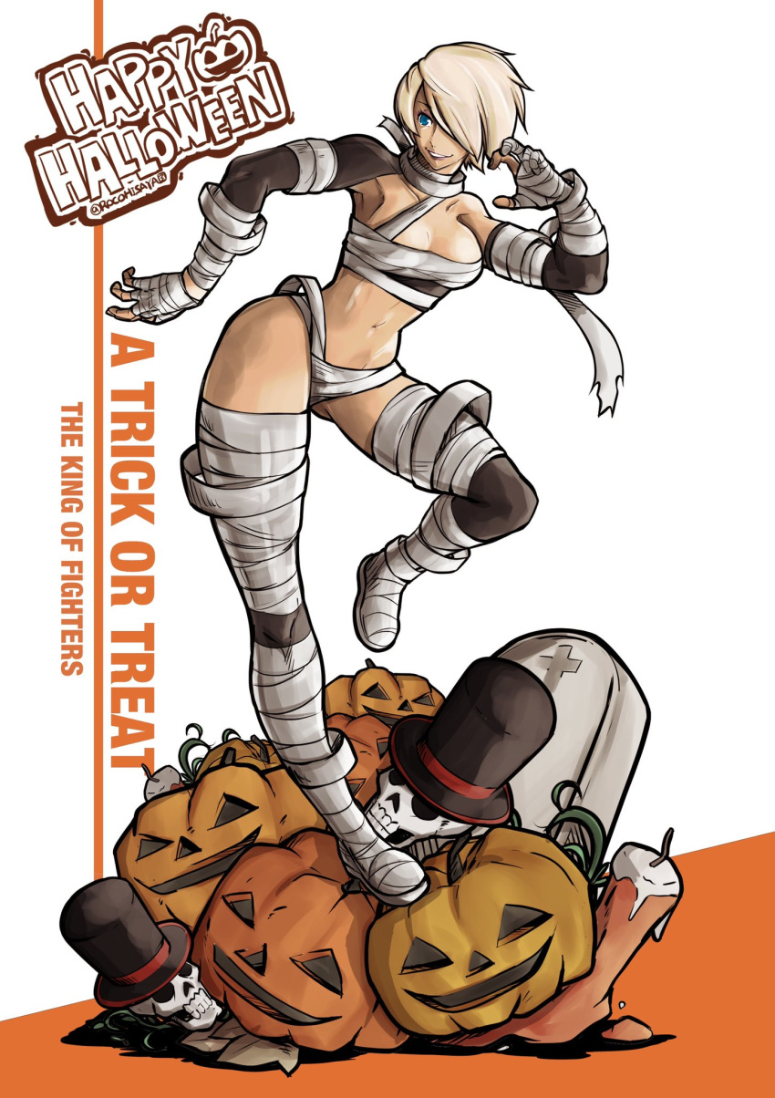 1girl, angel_(kof), bandages, blue_eyes, breasts, candle, costume, english_text, hair_over_one_eye, halloween, halloween_costume, happy_halloween, hat, highres, jack-o'-lantern, large_breasts, mummy, mummy_costume, pumpkin, rocohisaya, skull, snk, solo, the_king_of_fighters, the_king_of_fighters_all-stars, toned, top_hat, white_hair