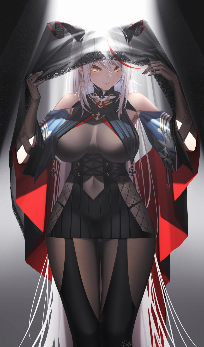 1girl, absurdly_long_hair, absurdres, aegir_(azur_lane), azur_lane, bare_shoulders, black_cape, black_legwear