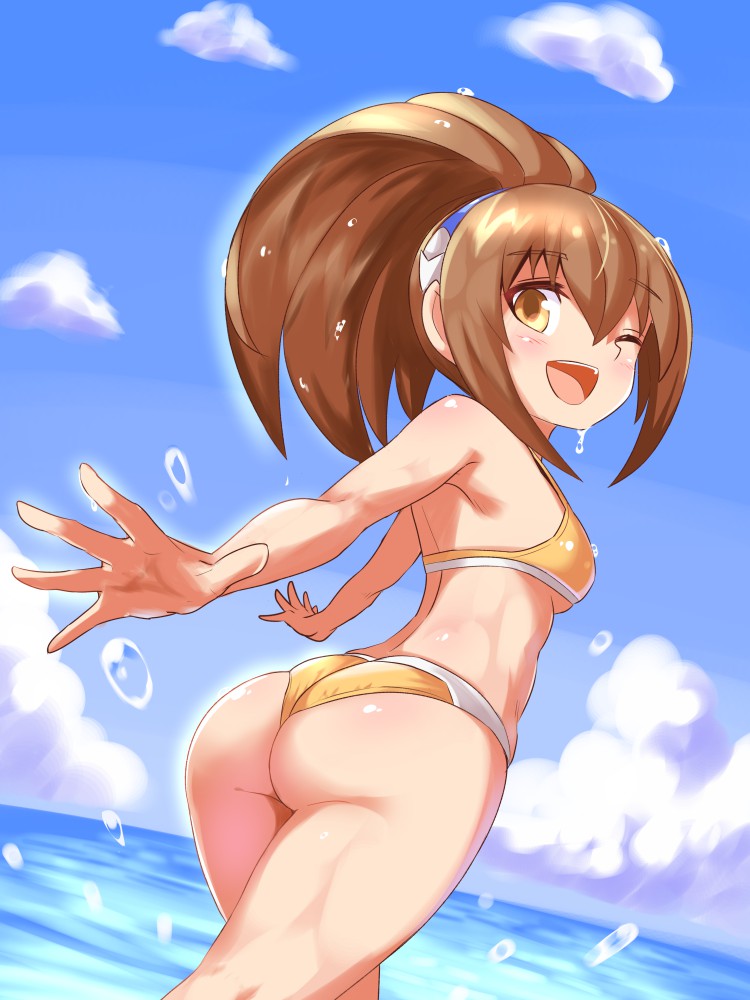 1girl, ass, azure_striker_gunvolt, breasts, brown_eyes, brown_hair, clouds, cougar_(cougar1404), gunvolt_chronicles_luminous_avenger_ix, hairband, kohaku_(luminous_avenger_ix), long_hair, looking_at_viewer, one_eye_closed, open_mouth, ponytail, smile, solo, swimsuit, water
